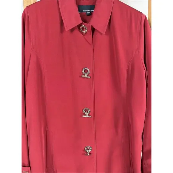 Vintage Y2K NWT Jones New York Red Long Trench Jacket #1333 Size LARGE - Picture 2 of 8